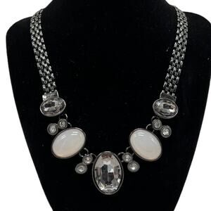 Opalesque and Clear Stone Necklace with Black Chain 17 Inch